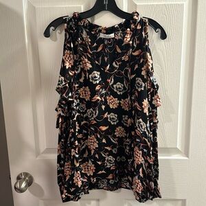 Parker NY Silk Black Beige Multi Floral Print Top long Sleeved Size S
